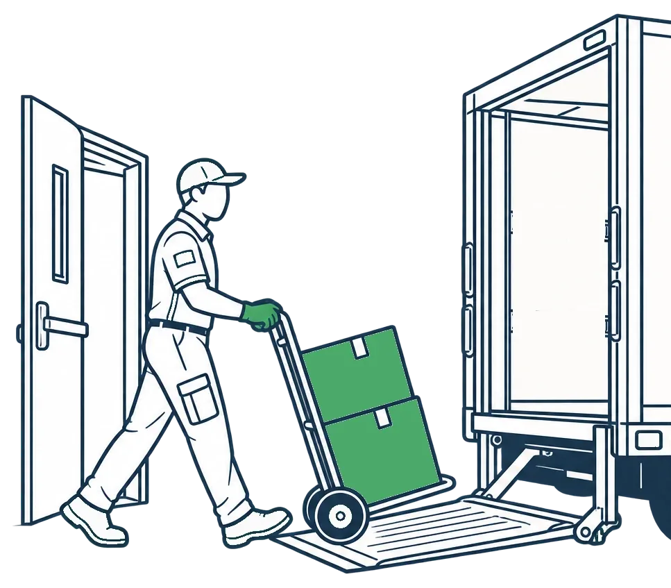 Drawing of a Harvest driver wheeling sealed boxes from a clinic's back door onto the truck's liftgate